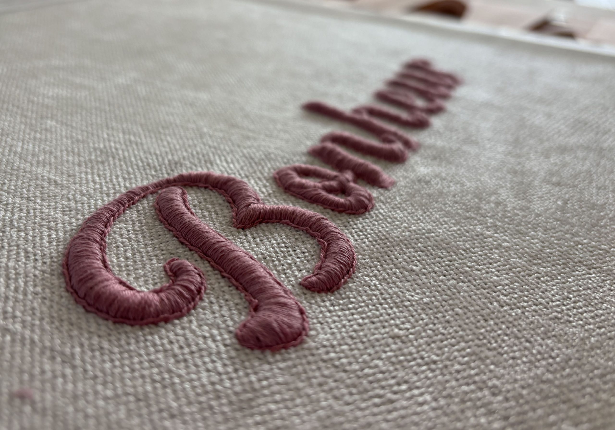 Anaïs Sabre - Zoom broderie fil rose BONHEUR