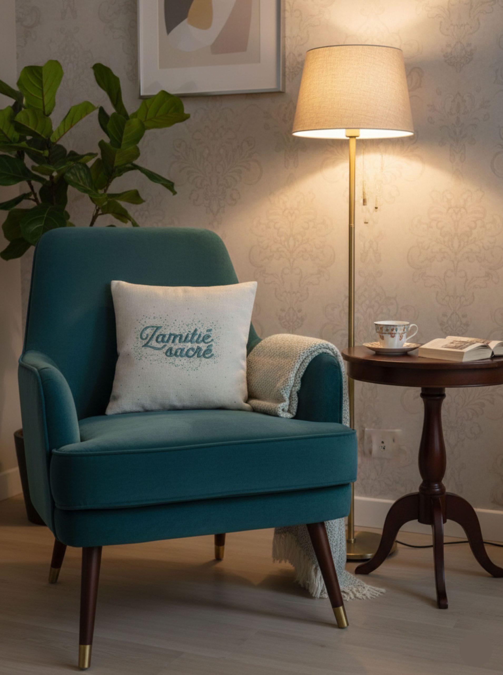 Anaïs Sabre - coussin ZAMITIE SACRE ambiance chaleuse fauteuil emmeraude