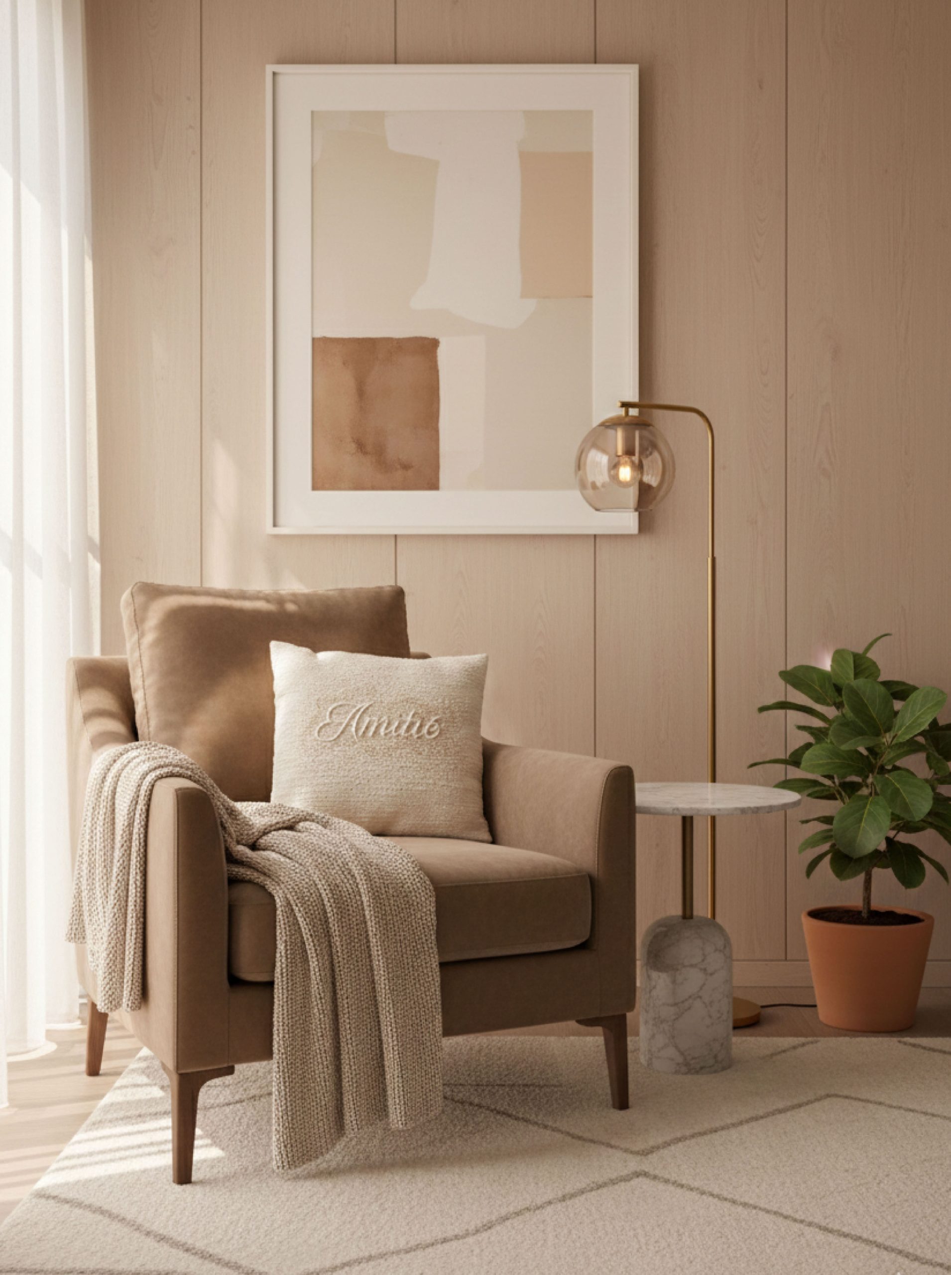 Anaïs Sabre - shooting coussin AMITIE ambience beige : taupe Anaïs Sabre - shooting coussin AMITIE ambience beige : taupe